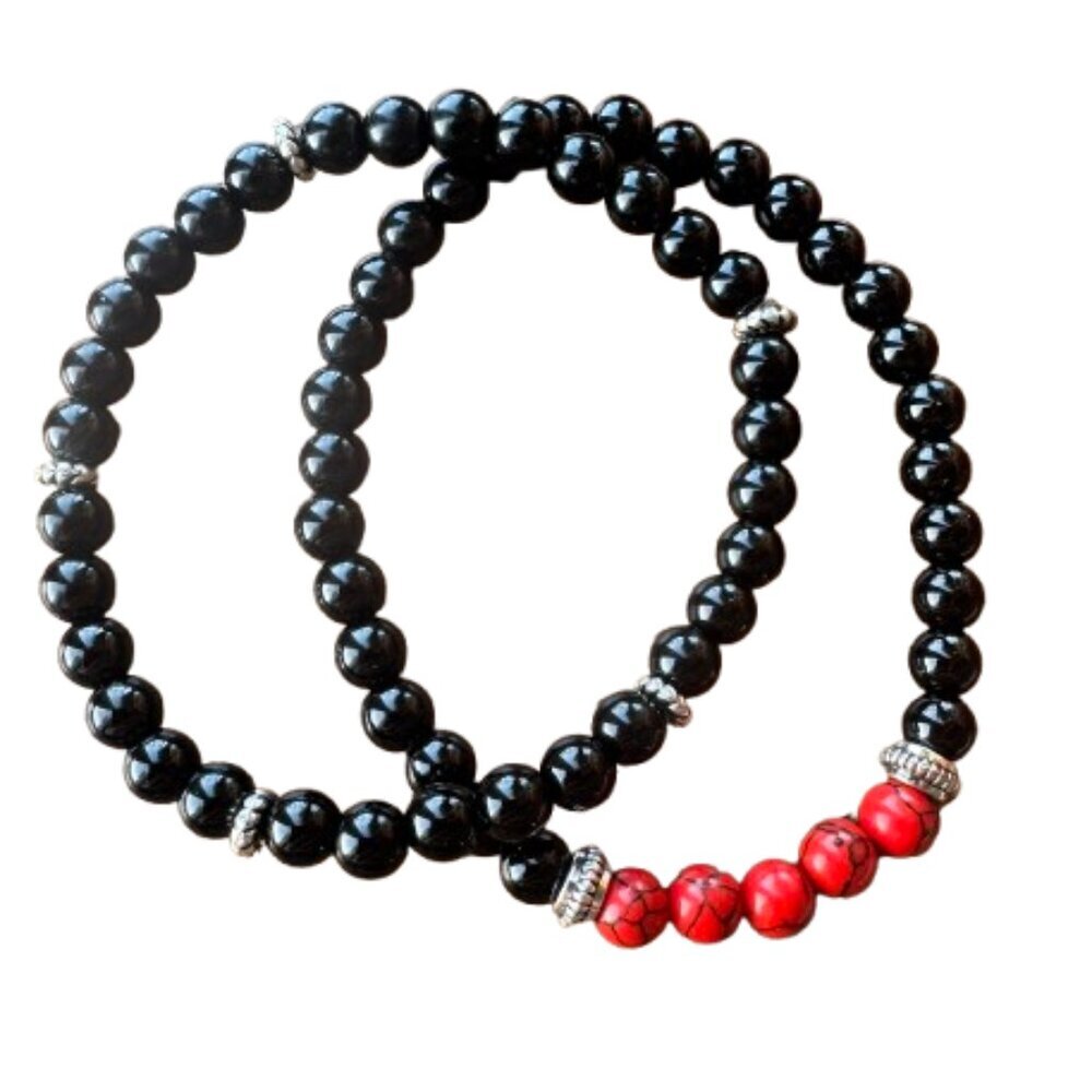 Set of 2 men's stretch bracelets - Red Turquoise 6 mm beads , 8" NWT (MJW034)